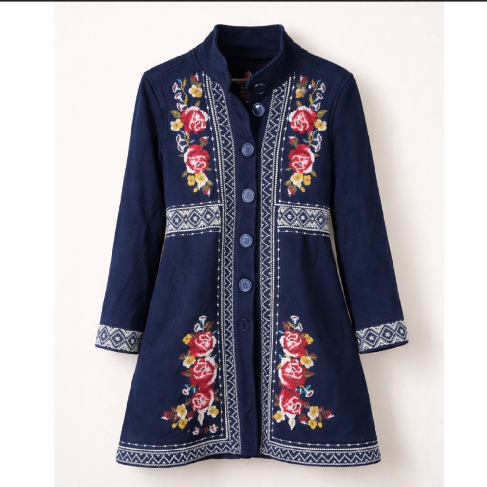 Johnny Was Floral Embroidered Cross Stitched Navy Cotton Military Jacket Medium